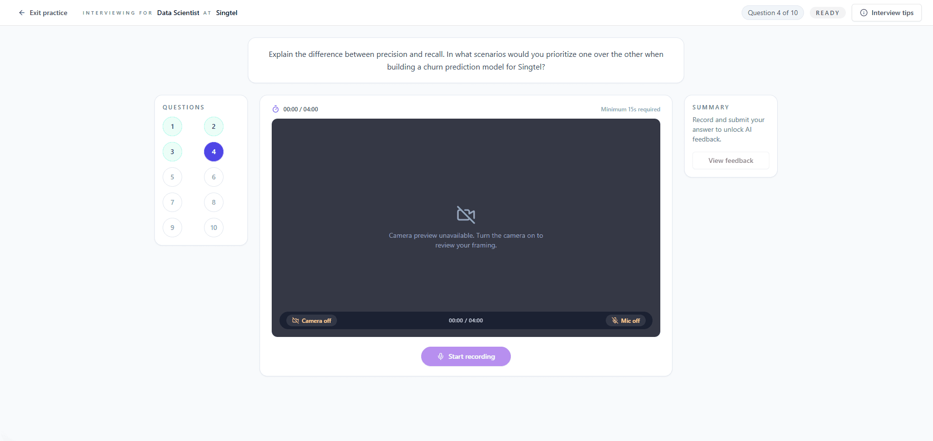 Interview Practice session showing AI feedback and scoring